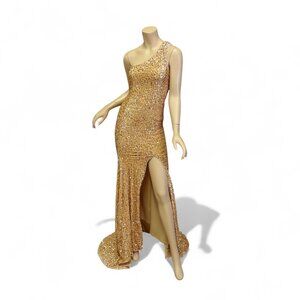 Gold Sequin One-Shoulder Old Hollywood Prom Pageant Gown (XS)
